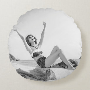 Attractive young woman in bikini on the beachvinta round pillow