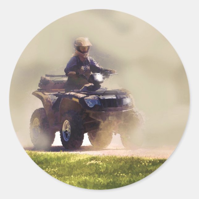 ATV All Terrain Vehicle & Driver in the Dust Classic Round Sticker (Front)