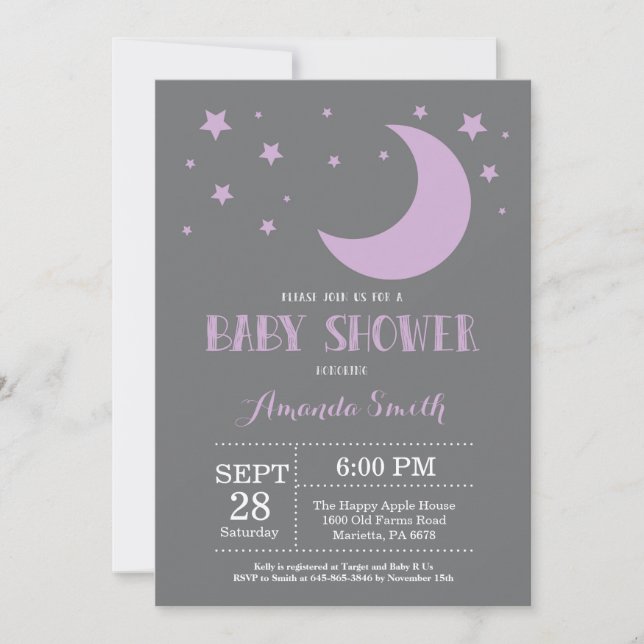 Au-delà de la lune Invitation violette Baby shower (Devant)