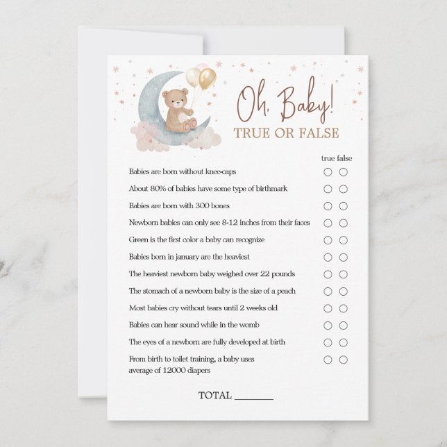 Au-dessus du Baby shower Lune Carte de jeu Vrai ou (Devant)