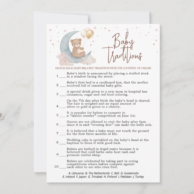 Au-dessus du Baby shower Lune Carte de jeu Vrai ou (Devant)