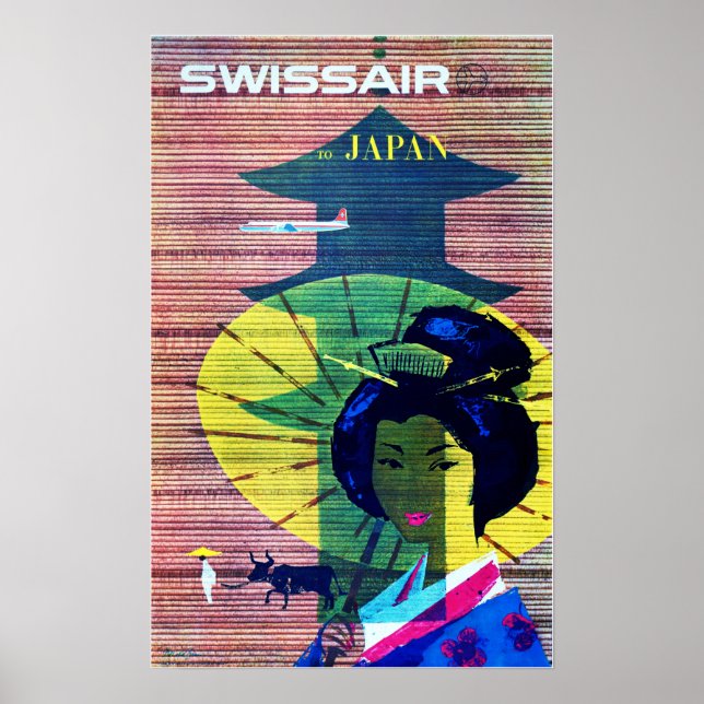 Au JAPON Art Déco Vieux Swiss Airlines Publicité (Devant)