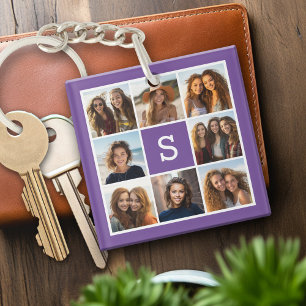 Aubergine and White Photo Collage Custom Monogram Keychain