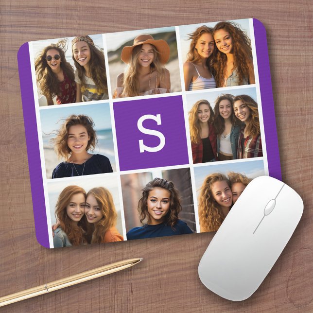 Aubergine and White Photo Collage Custom Monogram Mouse Pad (Personalized mousepad - Add Photos and Custom Text)