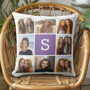 Aubergine and White Photo Collage Custom Monogram Throw Pillow