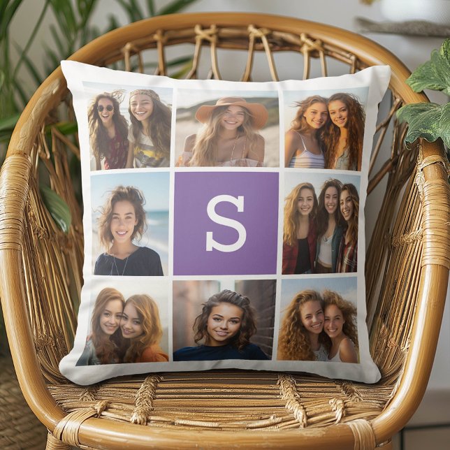 Aubergine and White Photo Collage Custom Monogram Throw Pillow (Custom Photo Pillow - Add Your Own Pics!)