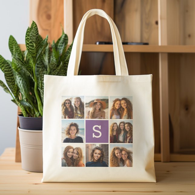 Aubergine and White Photo Collage Custom Monogram Tote Bag (Personalized tote bag with photos and monogram)