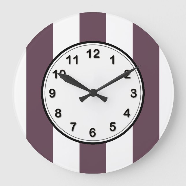 Aubergine Eggplant and White XL Stripes Pattern Large Clock (Front)