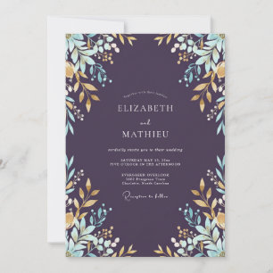 Aubergine Gold Leaf Wedding Invitation