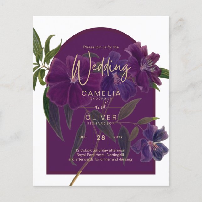 Aubergine Plum Purple Floral Forest Green Wedding Flyer (Front)