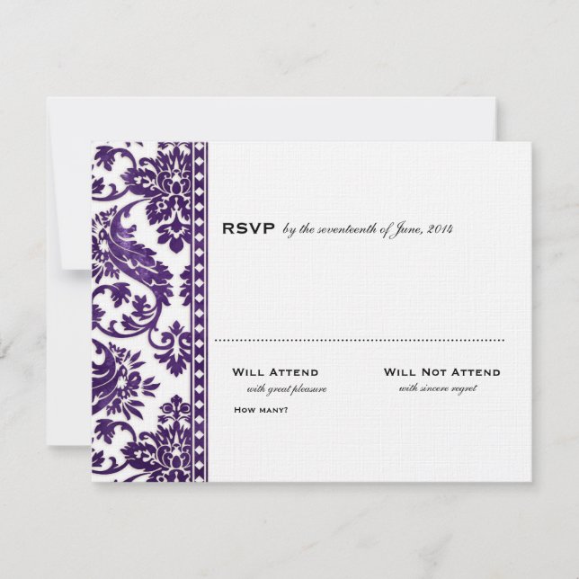 Aubergine Vintage Damask Lace Wedding RSVP Card (Front)