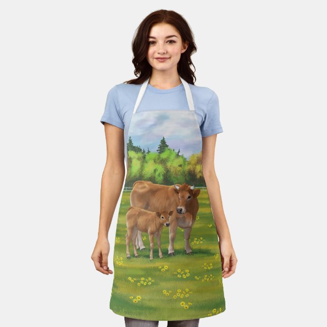 Aubrac Cow & Cute Calf in Spring Pasture Apron (Worn)