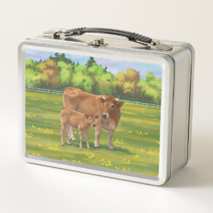 Aubrac Cow & Cute Calf in Spring Pasture Metal Lunch Box