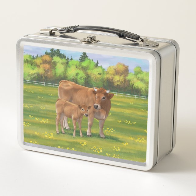Aubrac Cow & Cute Calf in Spring Pasture Metal Lunch Box (Front)