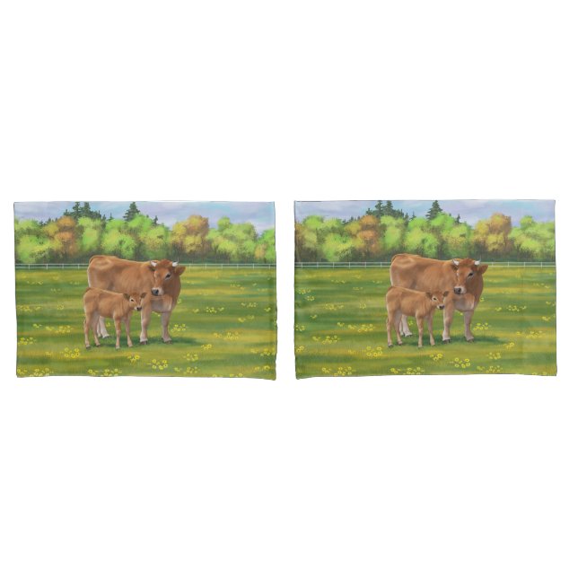 Aubrac Cow & Cute Calf in Spring Pasture Pillowcase (Front-Set)
