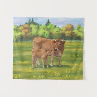Aubrac Cow & Cute Calf in Spring Pasture