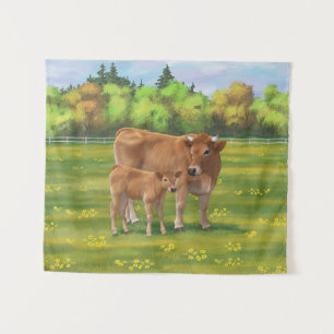 Aubrac Cow & Cute Calf in Spring Pasture Tapestry