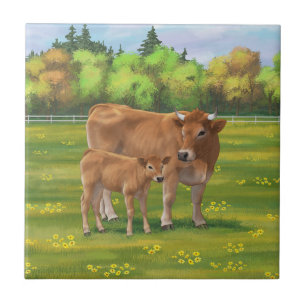Aubrac Cow & Cute Calf in Spring Pasture Tile