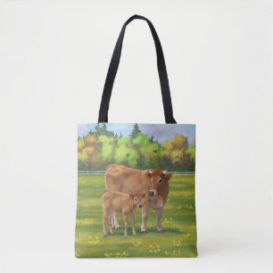 Aubrac Cow & Cute Calf in Spring Pasture Tote Bag