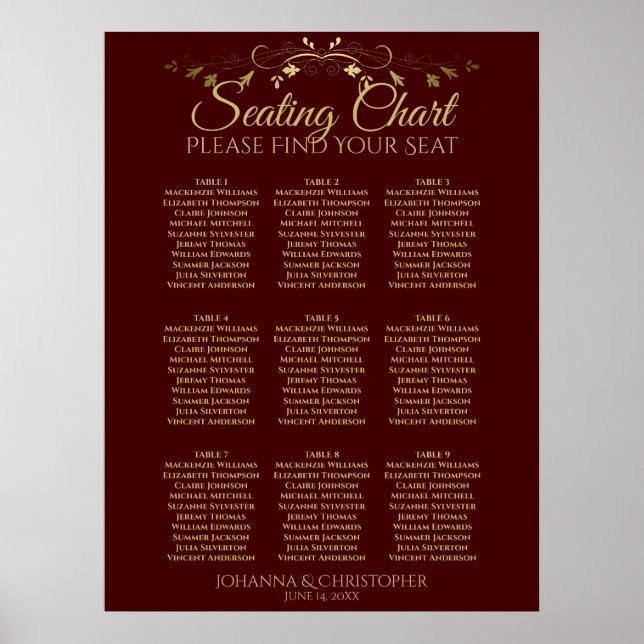 Auburn Brown & Gold 9 Table Wedding Seating Chart (Front)