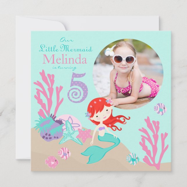 Auburn Mermaid Fifth Birthday Invitation (Front)