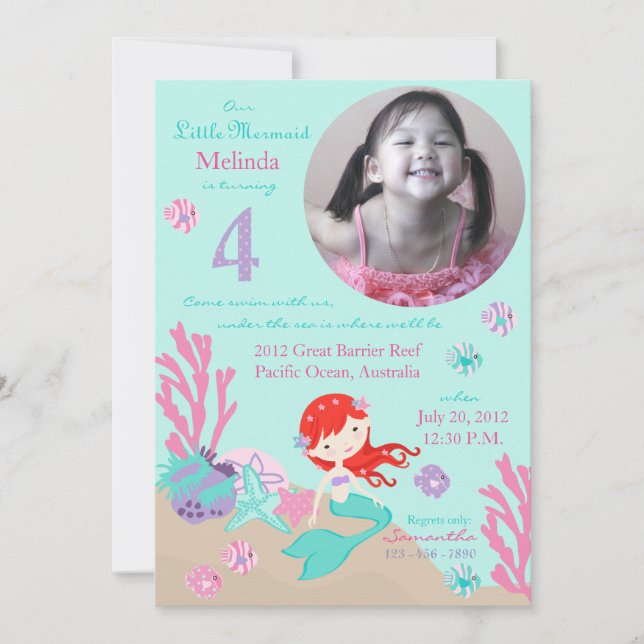 Auburn Mermaid Fourth Birthday Invitation (Front)