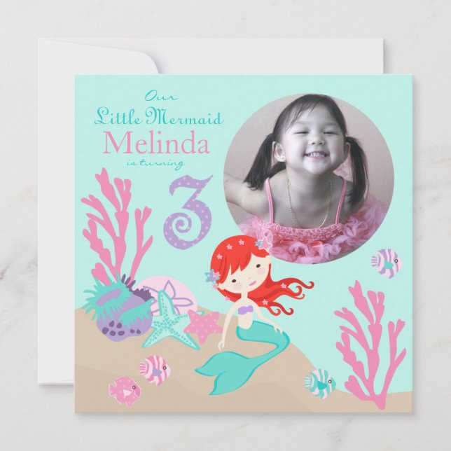 Auburn Mermaid Third Birthday Invitation (Front)