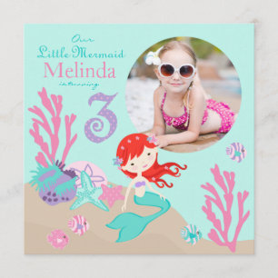 Auburn Mermaid Third Birthday Invitation