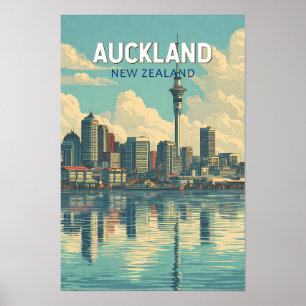 Auckland New Zealand Illustration Travel Art Retro Poster