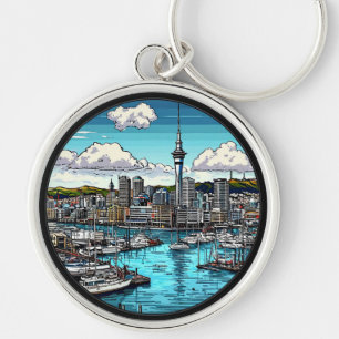 Auckland Skyline Featuring Harbour and Yachts Keychain