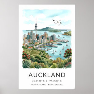 Auckland Skyline Print Coastal Watercolor Art