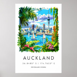 Auckland Watercolor Vintage Travel Poster Ski