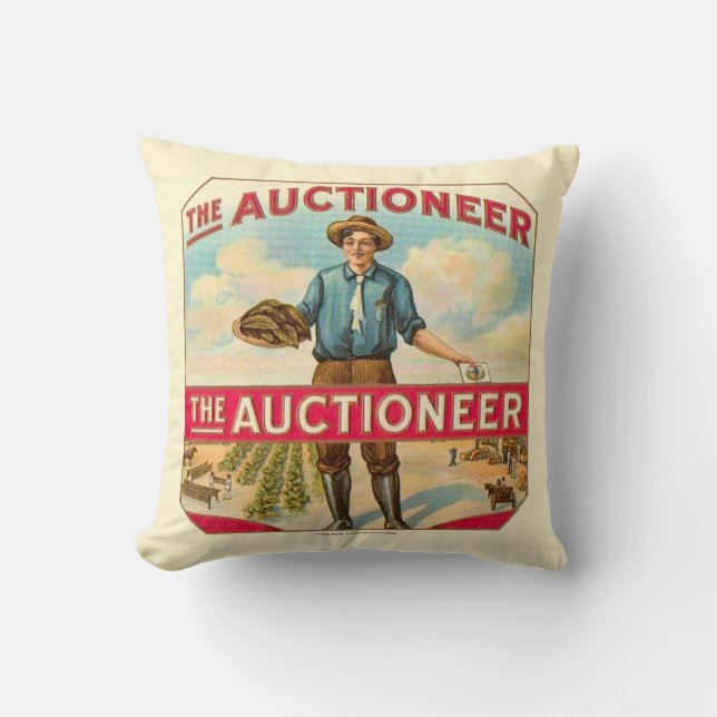 Auctioneer Vintage Cigar Label Auction Throw Pillow (Front)
