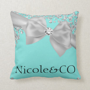 Audrey Blue Big White Bow Diamonds Glam Custom Throw Pillow
