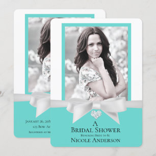 Audrey Teal White Bow Modern Bridal Shower Photo Invitation