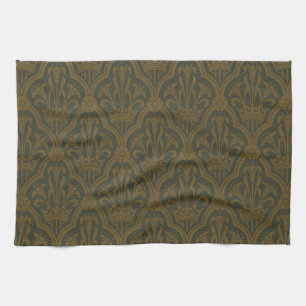 Audsley Vintage Gold Lily Crown Green Damask Art Kitchen Towel