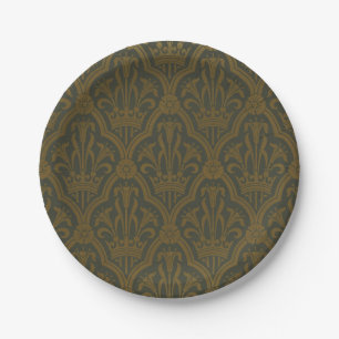 Audsley Vintage Gold Lily Crown Green Damask Art Paper Plate