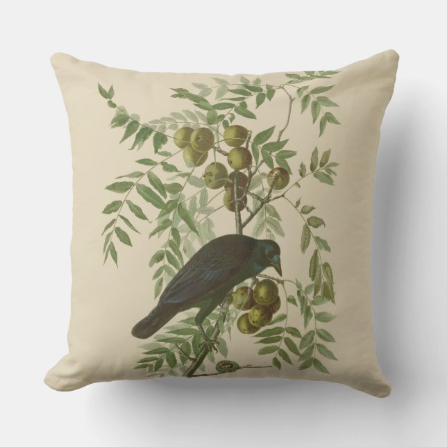 Audubon American Crow Black Bird Outdoor Pillow (Front)
