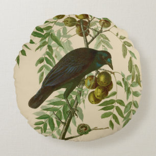 Audubon American Crow Black Bird Round Pillow