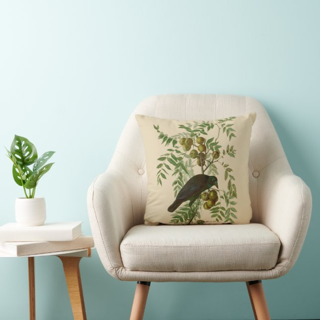 Audubon American Crow Black Bird Throw Pillow (Chair)