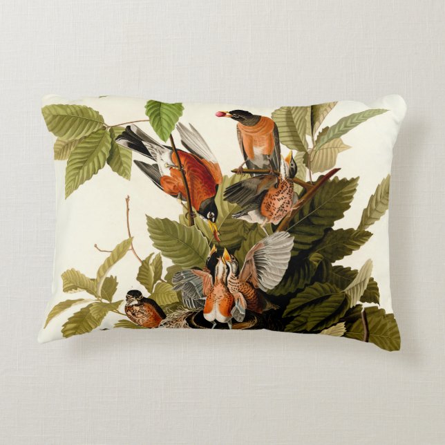 Audubon American Robin Wildlife Bird Illustration Accent Pillow (Back)