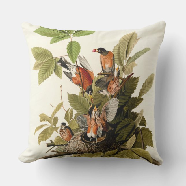 Audubon American Robin Wildlife Bird Illustration Outdoor Pillow (Front)