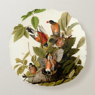 Audubon American Robin Wildlife Bird Illustration Round Pillow