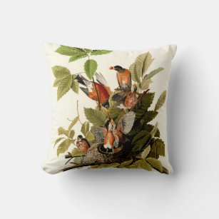 Audubon American Robin Wildlife Bird Illustration Throw Pillow