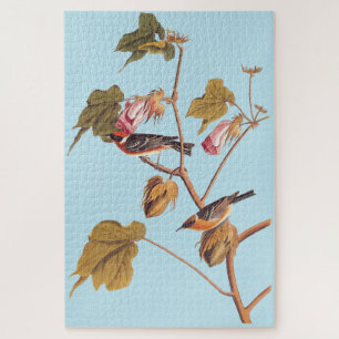 Audubon Bay-Breasted Warbler Bird on Cotton Plant Jigsaw Puzzle