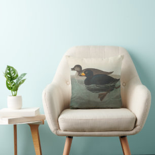 Audubon Black Scoter Print: Vintage Coastal Duck Throw Pillow