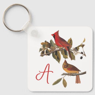 Audubon Cardinal Pair in Wild Almond Tree Keychain