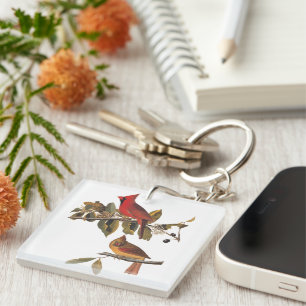 Audubon Cardinal Pair in Wild Almond Tree Keychain