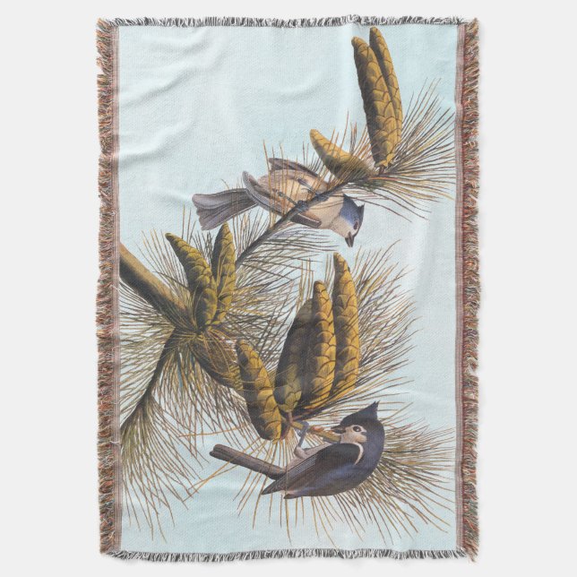 Audubon Crested Titmouse Birds in Pine Tree Throw Blanket (Front Vertical)