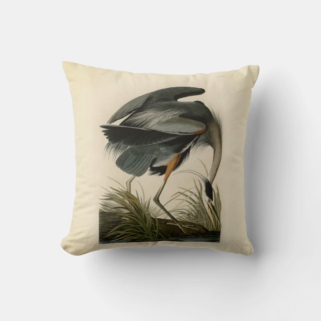 Audubon Great Blue Heron Marsh Bird Throw Pillow (Front)